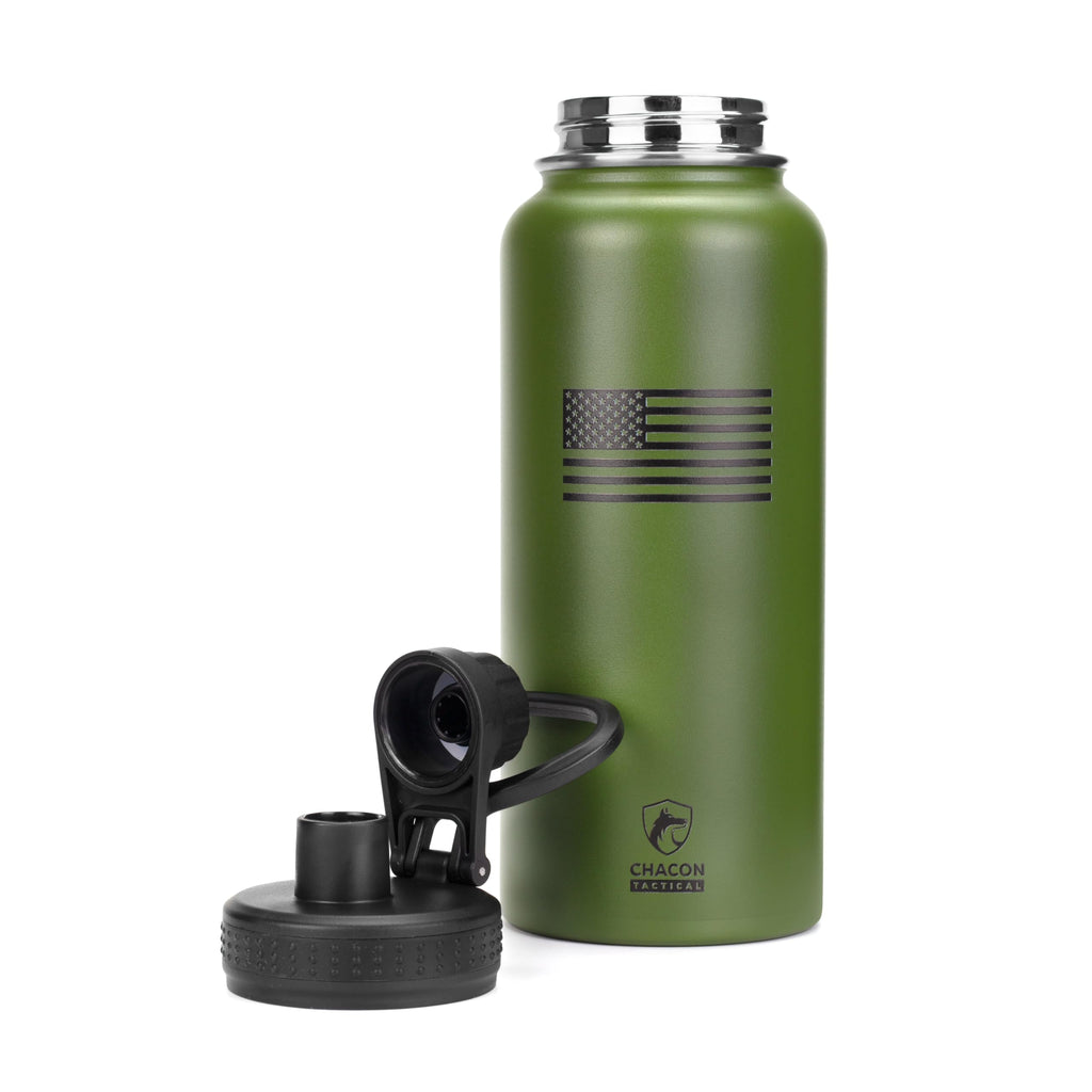 Green water bottle with American flag design and Chacon Tactical logo on a white background