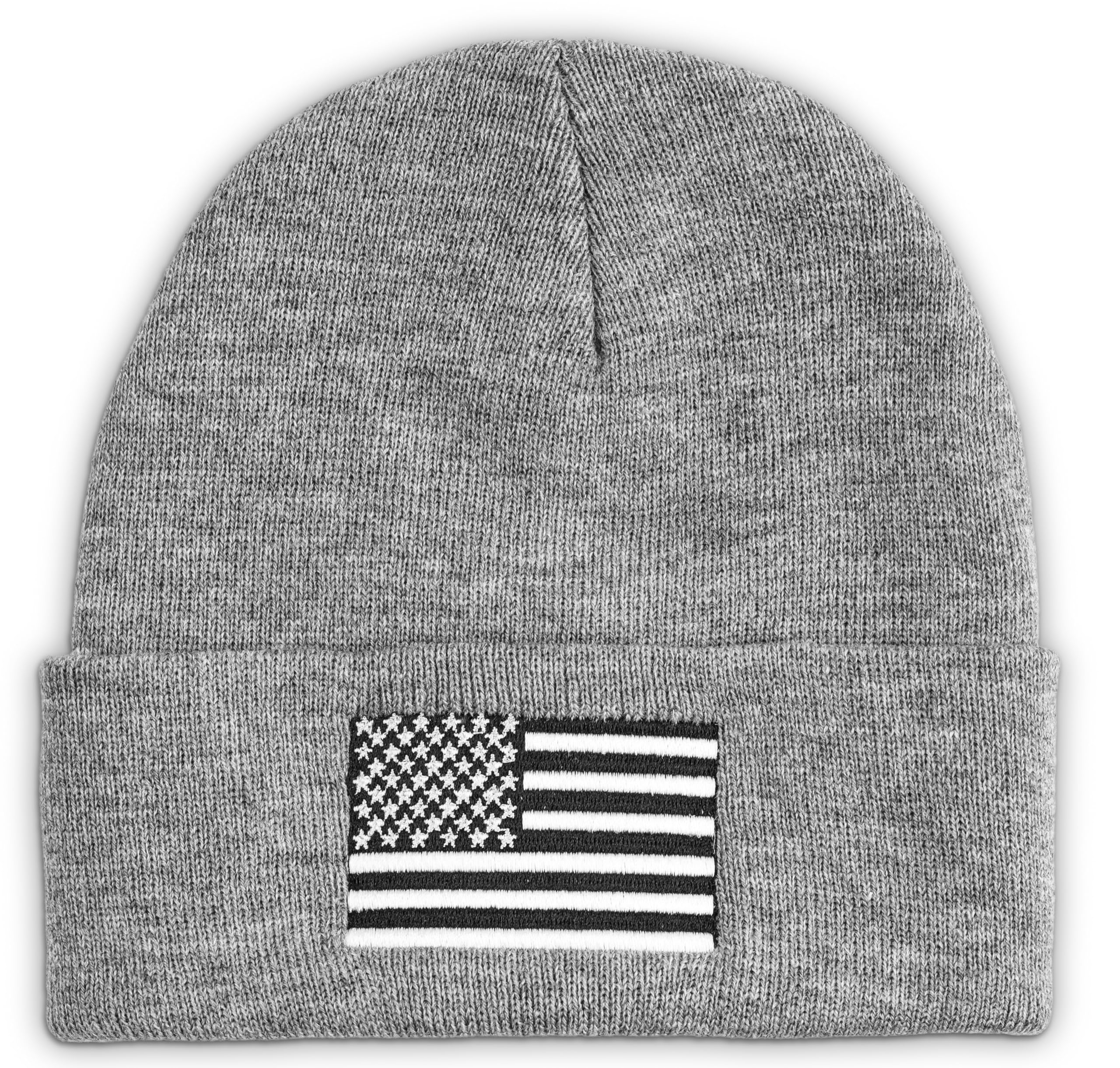 Chacon Tactical American Flag Knit Beanie, Grey Winter Hat with Embroidered USA Flag Patch, Cuffed Warm Knitted Cap