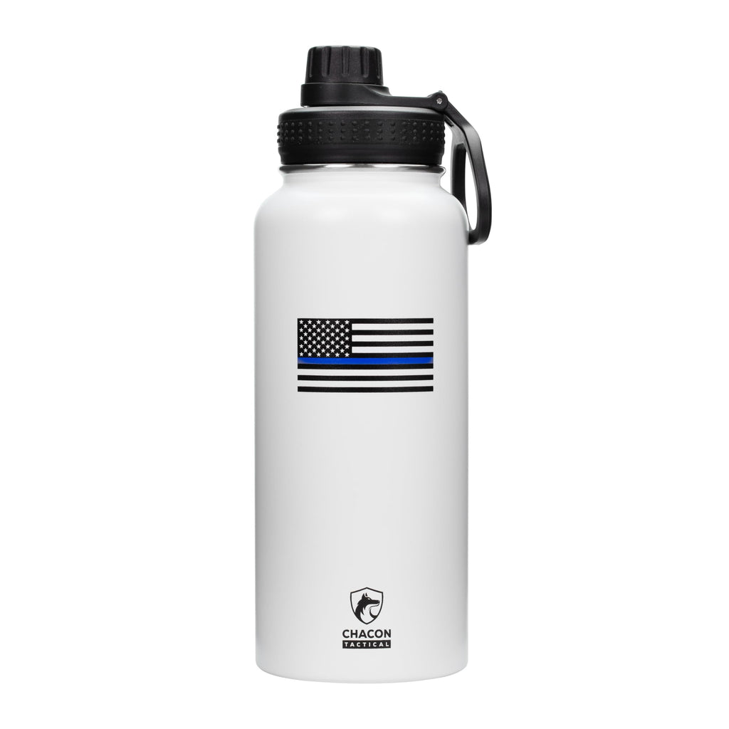 White water bottle with a thin blue line flag design and a black lid on a white background