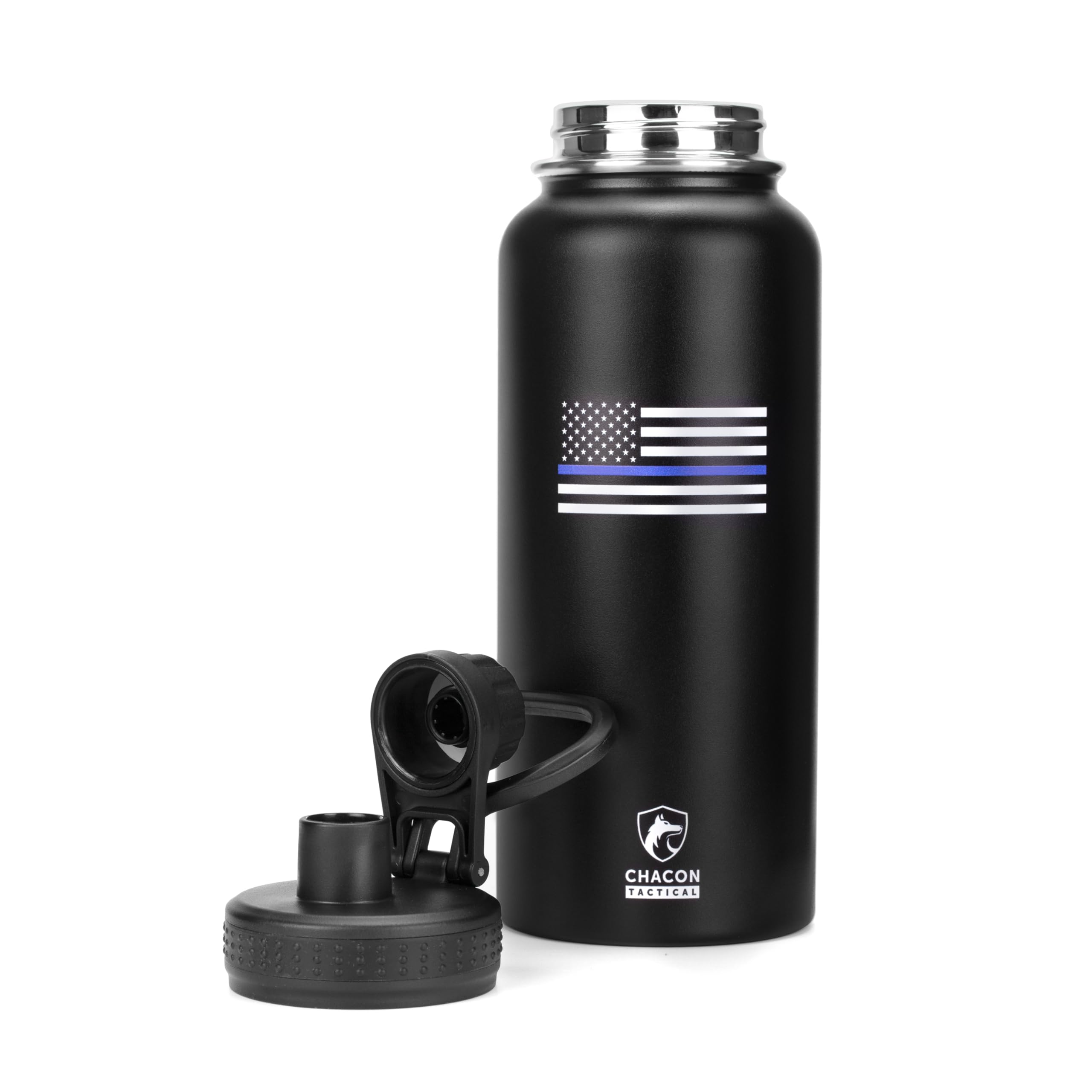 Black water bottle with thin blue line flag design and Chacon Tactical logo on a white background